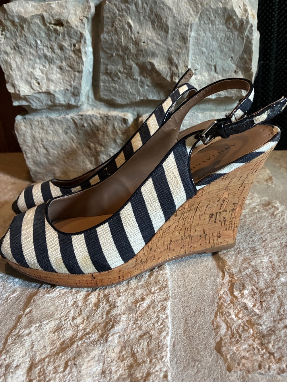 Ann Taylor Navy & Cream Striped Peep-Toe Slingback Heels - Picture 5 of 5